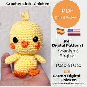 Puede incluir: Patrón de crochet para un pollo amigurumi amarillo. El patrón está disponible en español e inglés. El patrón se llama "Patron Digital Chicken".