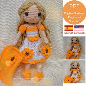 May include: Crochet pattern PDF for a doll with blonde hair, a white dress with yellow sunflowers, and a yellow hat. The pattern is available in both English and Spanish.  PDF, Digital Pattern, English & Spanish.