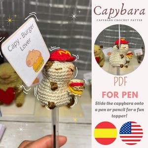 マクドナルドのカピバラのかぎ針編みパターン – 帽子とバーガー付きの楽しいペンシルトッパー – ユニークなギフトとデスク装飾のためのデジタル PDF チュートリアル-あみぐるみ