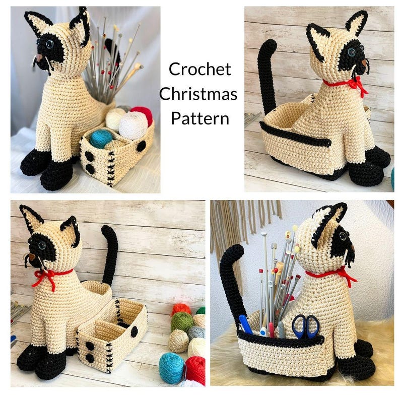 May include: A crocheted Siamese cat-shaped basket with a black tail and accents. The cat has a red bow and is holding a basket. The text "Crochet Christmas Pattern" is visible.
