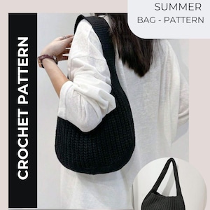 Puede incluir: Un bolso negro de ganchillo con forma redondeada y una correa larga. El bolso se lleva al hombro. La imagen también incluye el texto "MINIMALISTIC SUMMER BAG - PATTERN" y "CROCHET PATTERN".