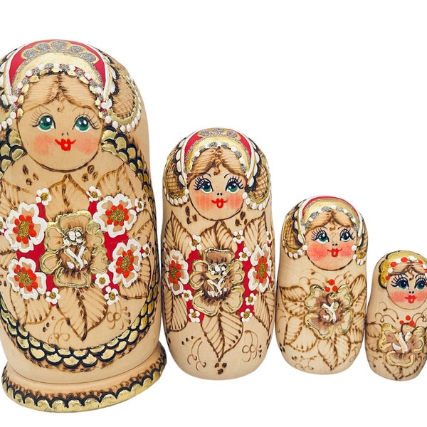 Poupée gigogne Matryoshka 5 pièces 6.8" 17.5cm | Poupées russes en bois peintes à la main | fleurs Matrioshka vintage | Poupée empilable Babushka