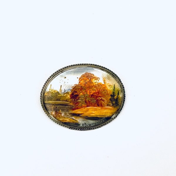 Hand-painted nacre landscape brooch| Signed Miniature painting Fedoskino style| Vintage Mother-of-pearl pin Russia| Russian fine art jewelry