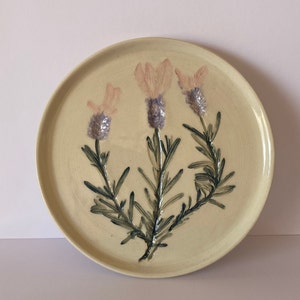 Decorative Handmade Ceramic plate with Embossed Lavender flowers and stems, Handpainted, Perfect for soaps, jewellery, gift for mothers day