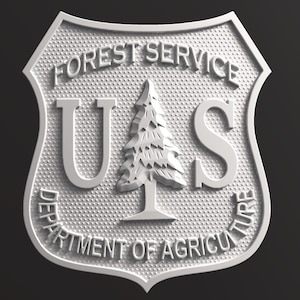 Può includere: Un distintivo in metallo bianco con le parole "Forest Service" e "U.S. Department of Agriculture" attorno a un pino stilizzato.