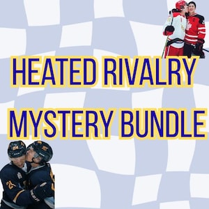 May include: A digital graphic featuring the text HEATED RIVALRY MYSTERY BUNDLE in bold yellow letters with blue outlines. The background is a light blue and white checkered pattern. Two pairs of hockey players in jerseys are shown embracing.
