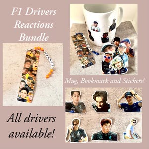 May include: A collection of F1 merchandise featuring a white mug, a bookmark with the name "NORRIS", and stickers. The mug and bookmark are decorated with images of F1 drivers. The text "All drivers available!" is displayed.