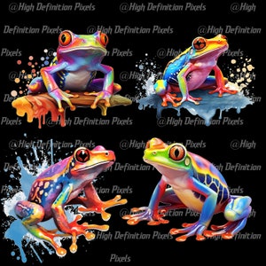 May include: Four colorful, vibrant, and detailed illustrations of red-eyed tree frogs. Each frog is depicted in a different pose and surrounded by splashes of paint.