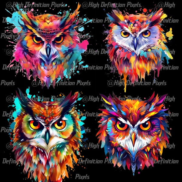Abstract Owl Faces 4-Pack Clipart w/ Transparent Background || High Quality Digital Download!