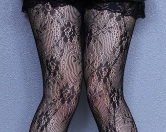 Floral Rose Black Fishnets - Gothic Emo Black Fishnet Stockings -Ins Style Black tights - Harajuku Grunge Fishnet Pantyhose -Alt Fishnets