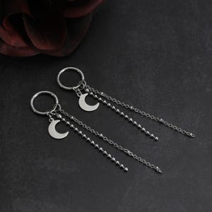 Handmade Moon Charm Dangly Titanium Earrings - Y2K Layered Chained Earrings - Silver Earrings - Alternative Emo Punk Rock Earrings