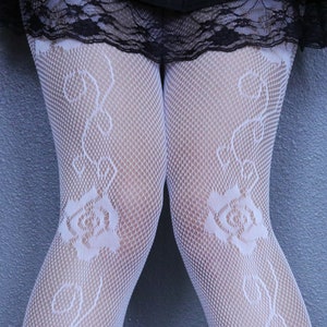 Rose Patterned White Fishnets - Gothic Emo Black Fishnet Stockings - Lolita White Tights - Harajuku Grunge Fishnet Pantyhose - Alt Fishnets