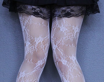 Kawaii Floral White Fishnets - Gothic Emo White Fishnet Stockings -Ins Style White tights - Harajuku Grunge Fishnet Pantyhose -Alt Fishnets