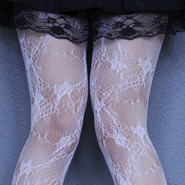 Kawaii Floral White Fishnets - Gothic Emo White Fishnet Stockings -Ins Style White tights - Harajuku Grunge Fishnet Pantyhose -Alt Fishnets