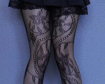 Floral Black Fishnets - Gothic Emo Black Fishnet Kousen -Ins Style Zwarte panty's - Harajuku Grunge Fishnet Panty -Alt Fishnets