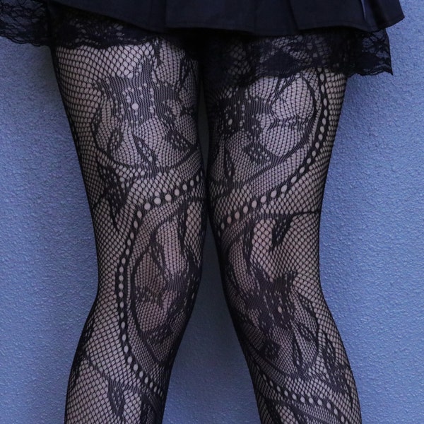 Floral Black Fishnets - Gothic Emo Black Fishnet Stockings -Ins Style Black tights - Harajuku Grunge Fishnet Pantyhose -Alt Fishnets