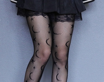 Moon And Stars Y2K Grunge Black Fishnets - Gothic Emo Fishnet Stockings - Fishnets Pantyhose - Harajuku Grunge Fishnet Tights - Alt Fishnets