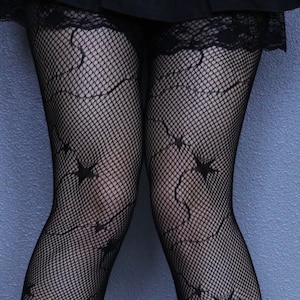 Résille noire grunge avec étoiles abstraites de l'an 2000 - Bas gothiques emo avec étoiles - Collants résille - Collants résille grunge Harajuku - Alt Fishnets