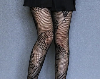 Snake Patterned Black Fishnets - Gothic Emo Fishnet Stockings -Black Fishnets Tights - Harajuku Grunge Fishnet Pantyhose -Alt Fishnet Tights