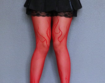 Flame Patterned Red Fishnets - Gothic Emo Fishnet Stockings - Red Fishnets Tights - Harajuku Grunge Fishnet Pantyhose -Alt Fishnet Tights