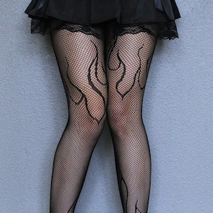 Flame Patterned Black Fishnets - Gothic Emo Fishnet Stockings -Black Fishnets Tights - Harajuku Grunge Fishnet Pantyhose -Alt Fishnet Tights