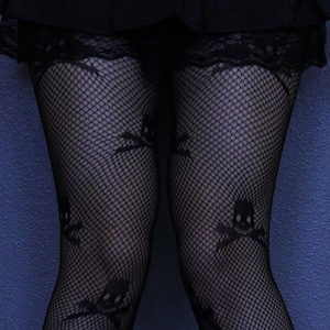 Skull Patterned Black Fishnets - Gothic Emo Fishnet Stockings -Black Fishnets Tights - Harajuku Grunge Fishnet Pantyhose -Alt Fishnet Tights