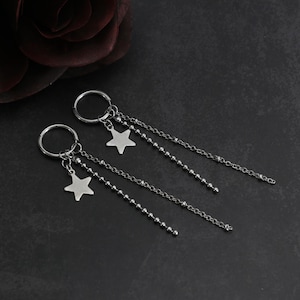 Handmade Star Charm Dangly Titanium Earrings - Y2K Layered Chained Earrings - Silver Earrings - Alternative Emo Punk Rock Earrings