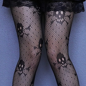 Skull Patterned Black Fishnets - Gothic Emo Fishnet Stockings -Black Fishnets Tights - Harajuku Grunge Fishnet Pantyhose -Alt Fishnet Tights