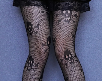 Skull Patterned Black Fishnets - Gothic Emo Fishnet Stockings -Black Fishnets Tights - Harajuku Grunge Fishnet Pantyhose -Alt Fishnet Tights