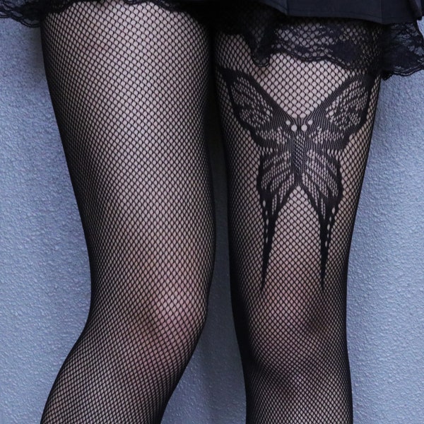 Butterfly Patterned Fishnets Tights -Emo Goth Black Fishnet Stockings - Lolita Fishnets Tights - Ins Style Fishnet Pantyhose - Alt Fishnets