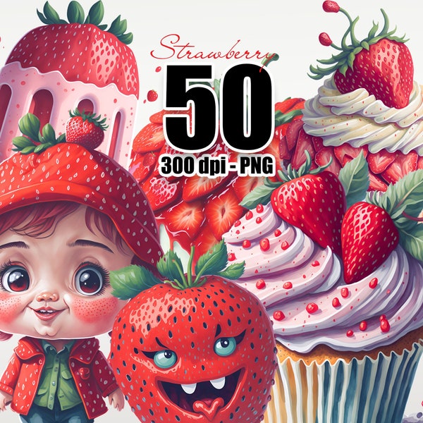Watercolor Strawberries Clipart - digital png strawberry cupcake, strawberry drinks, shortcake kids graphics for instant download