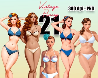 Vintage Pin up Woman Clipart, Vintage Model Clipart, Bikini Watercolor Clipart, Pin up Girls Clipart, Pin Up PNG, Vintage Lady PNG