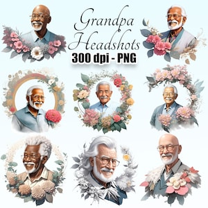Clipart de headshots de vovô, clipart aquarela, clipart de avô, clipart de flores, PNG, download digital, uso comercial, para impressão