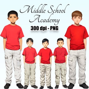 Middle School Kids Academy, Children Clipart, Cute Clipart, School Kids Clipart, PNG, Uniform, Private School, Kids Fashion, Red Shirt