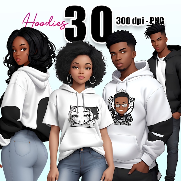 Black Women Men Hoodies, Afro Teens, Hoodie png, African American Hoodie Teens, Black Fashion, Fashion Mockups, White Black Hoodies