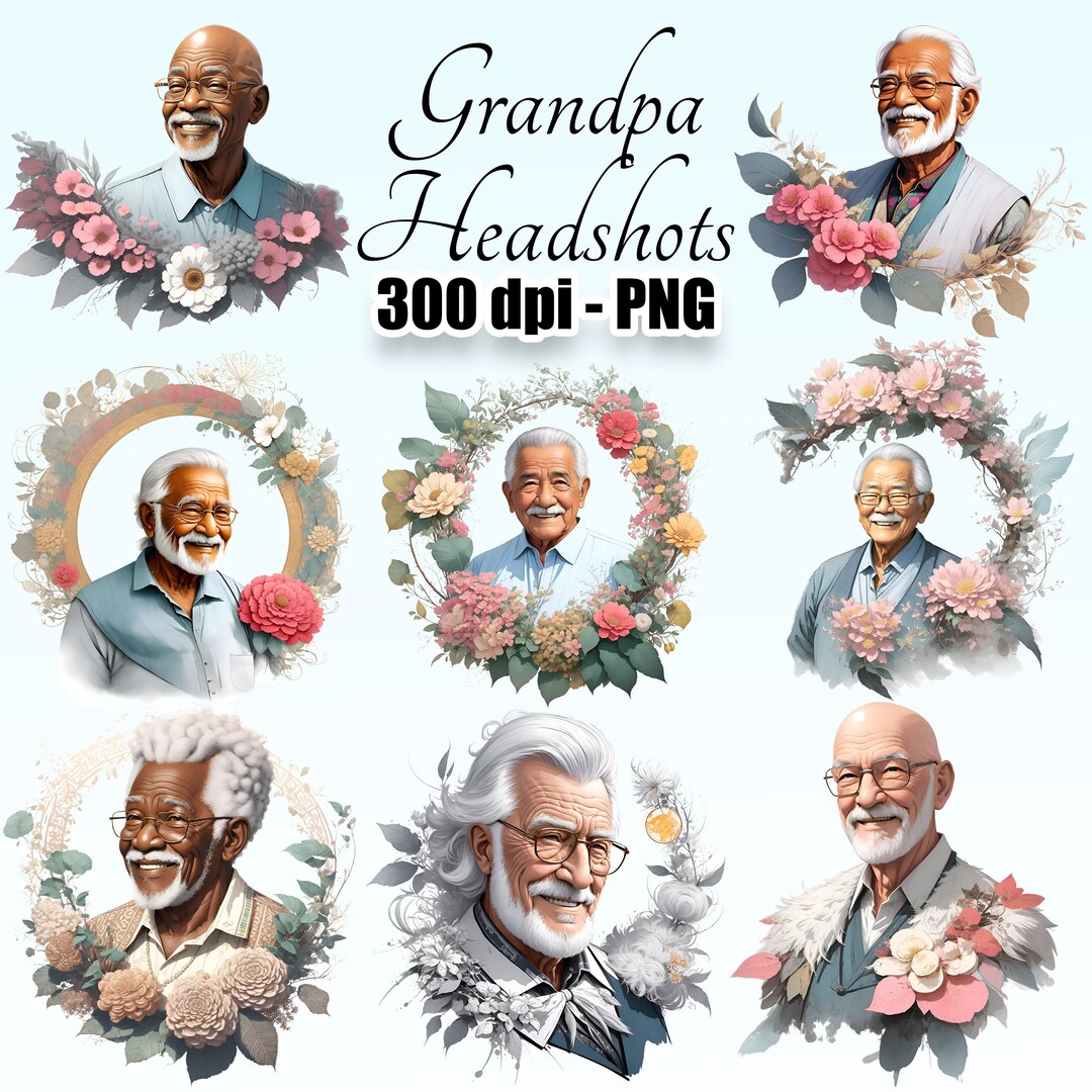 Grandpa Headshots Clipart, Watercolor Clipart, Grandfather Clipart ...