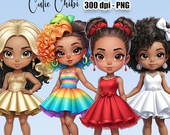 Cute Black Girl Clipart, Prom Dress Clipart, Chibi doll png, Party Clipart, fashion girl, Fashion Chibi Clipart, Boss Chibi clipart