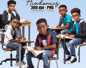 Black Kids Reading Writing Clipart, High school Boys Bookworm, Black Children Clipart, Back to school, school desk, black student graphics