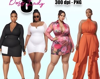 African American Woman Fashion Clipart. Beautiful Sophisticated Black Boss Women, Black Clipart, Curvy girl clipart, Afro girls clipart