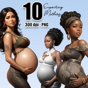 Clipart de gravidez, clipart de família, clipart de mulheres afro-americanas para convites de chá de bebê, presentes para recém-nascidos, futura mamãe, maternidade, Doula