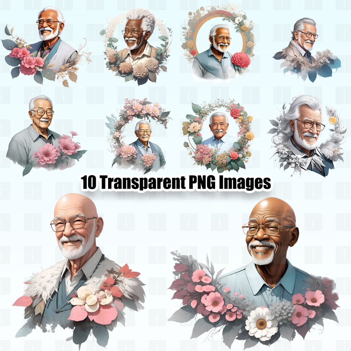 Grandpa Headshots Clipart, Watercolor Clipart, Grandfather Clipart ...