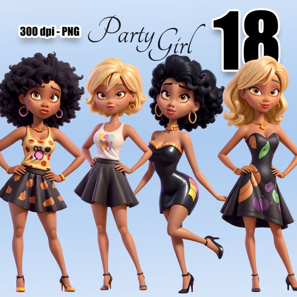 Cocktail Dresses Clipart, Party Black Girl, Black Women clipart, Custom Dress Black Girl Skirt, dress clipart, African American Fashion