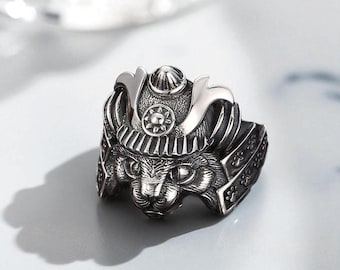 S925 Sterling Silver Samurai Cat Ring, Retro Animal Ring, Animal Ring Gift For Cat Lover, Cute Silver Cat Jewelry, Unisex Cat Ring Gift