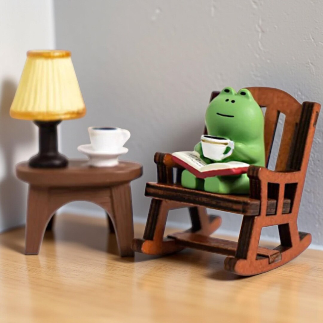 Frog Rocker Pininterest Cute Mini Frog Figurine – Resin Frog Reading on Rocking Chair, Kawaii ...