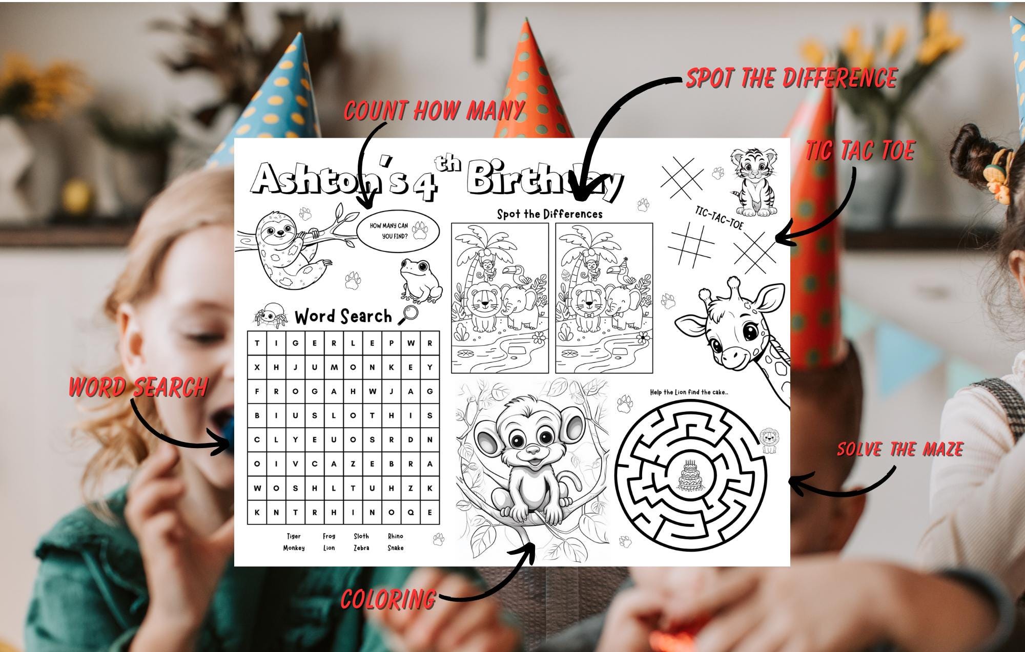 Editable Jungle Birthday Placemat | Kids Coloring Activity (digital ...