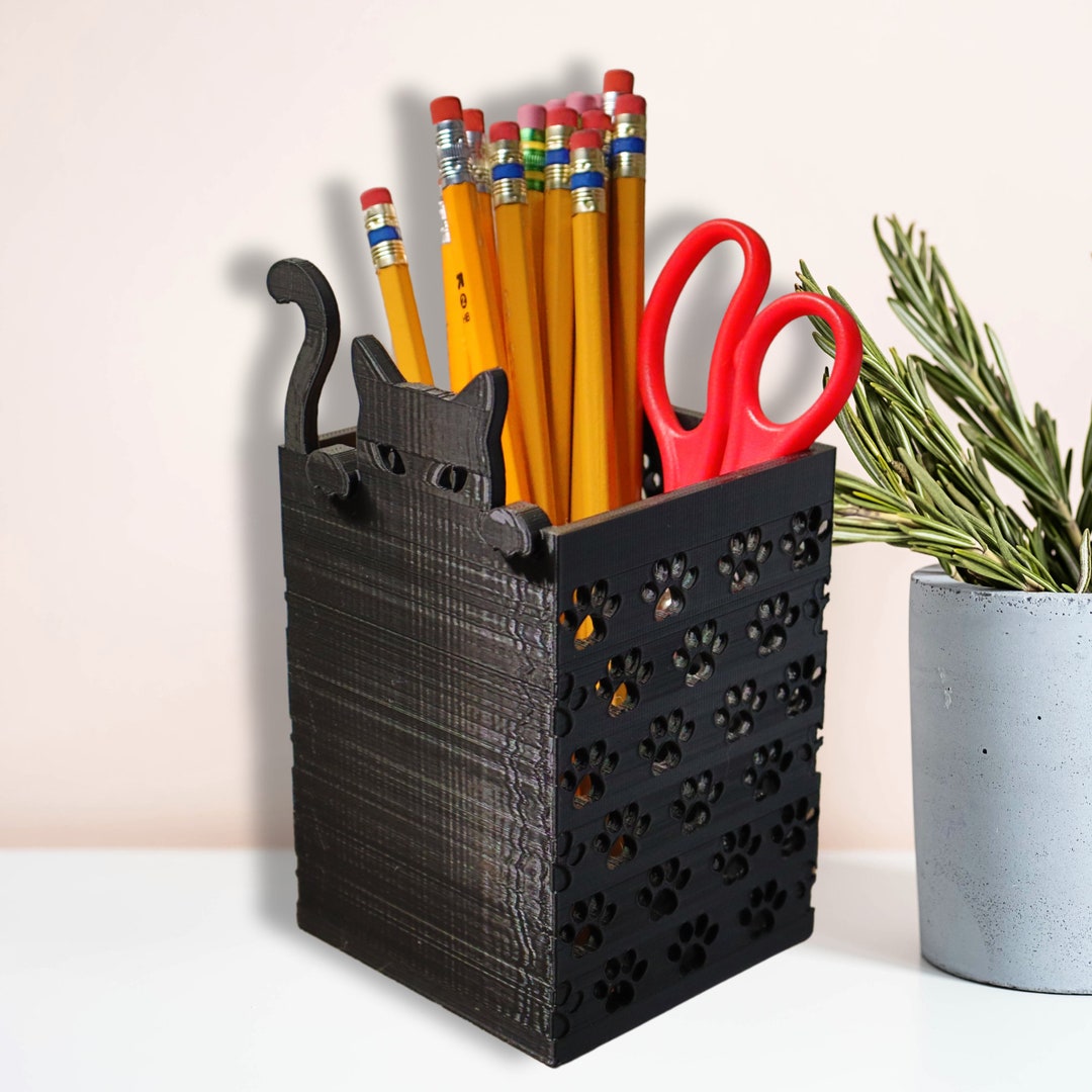 3D Printed Cat Pencil Holder, Plastic Pencil Box, PLA Pen Holder, Cat Office Supplies, Cat