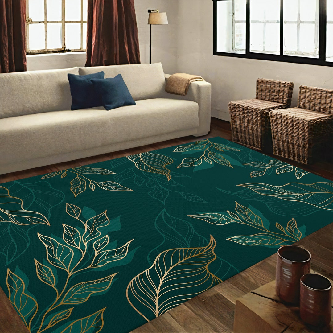 Floral Rug Leaf Rug Green and Gold Rug Hypebeast Rug Etsy