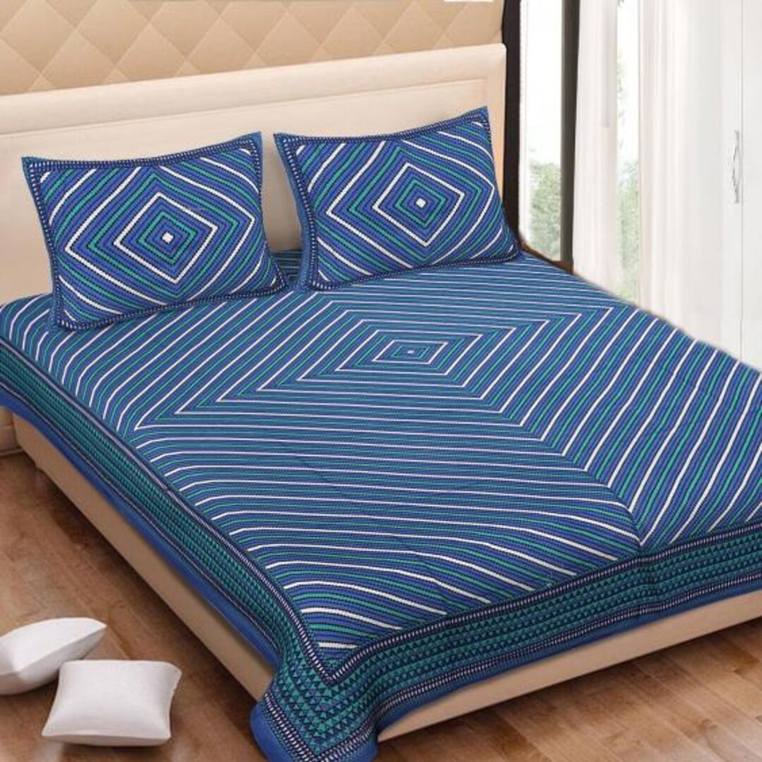 Hand Block Printed Cotton Double Bedsheet 108x108 King Size Striped Floral with 2 Pillow Covers
