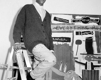 Jean Michel Basquiat Posing with Everything Must Go 1984