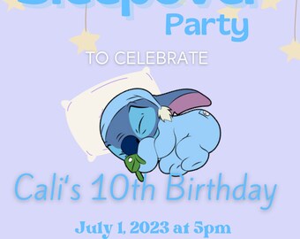 May include: A light purple sleepover party invitation featuring a blue Stitch character sleeping on a white pillow. The text reads: It's a Sleepover Party TO CELEBRATE Cali's 10th Birthday July 1, 2023 at 5pm 1243 Autumn Lane Carencro, La 705XX RSVP to Kasi (555)555-5555.